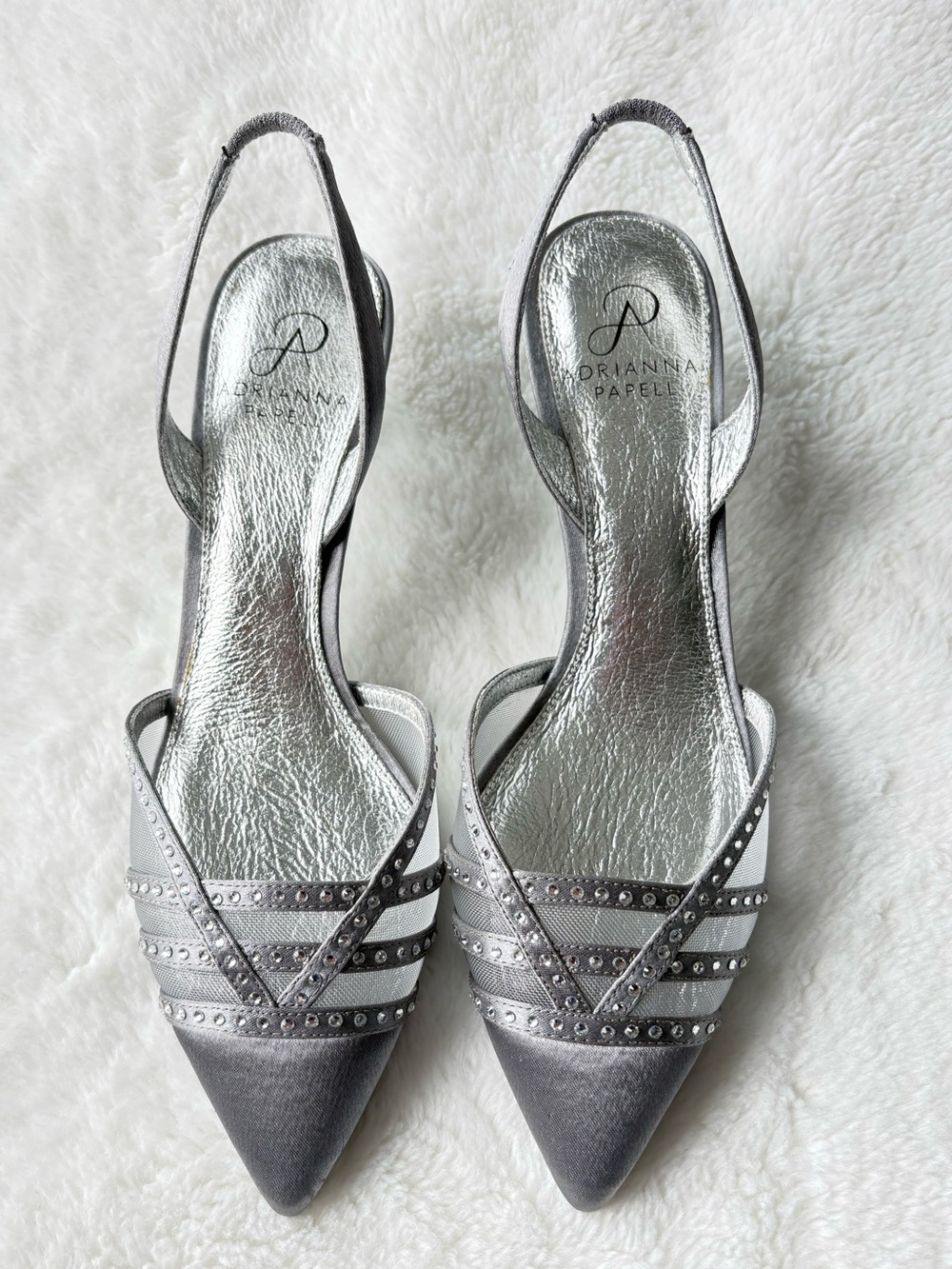 Adrianna Papell Metallic Silver Pointed Slingback Heels with Rhinestone Details
